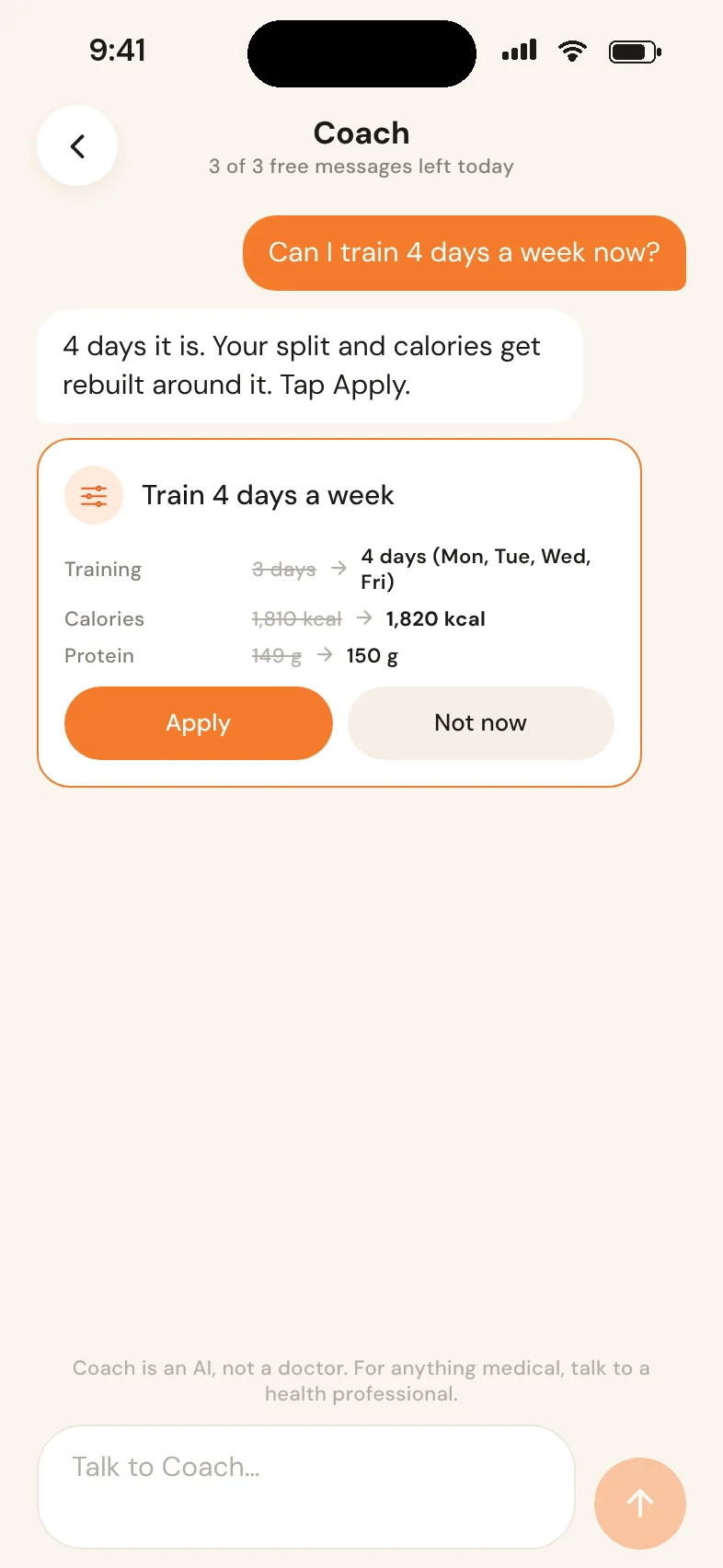 Coach suggesting four training days a week, with the new calorie and protein targets and Apply and Not now buttons