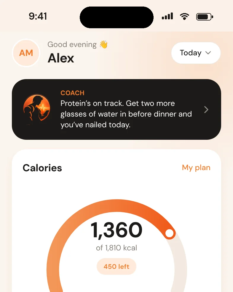 Pulse home screen with calories left and macro rings