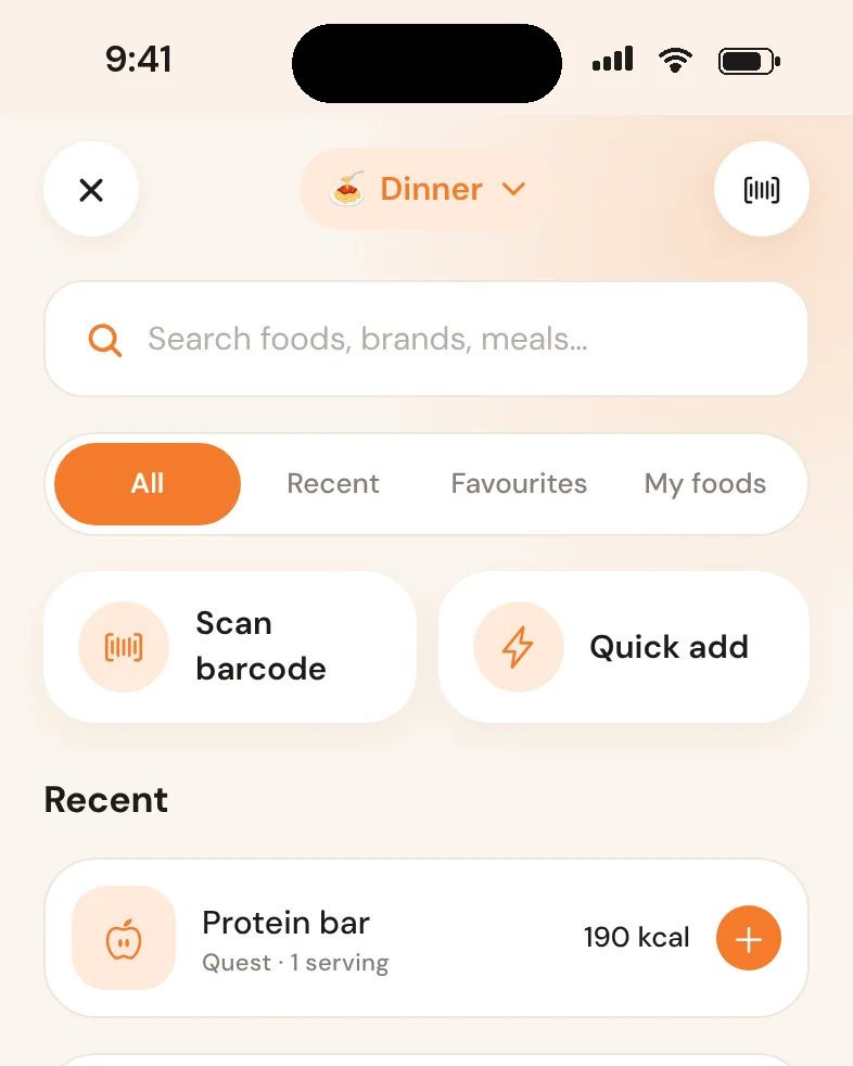 Pulse food search with recent foods and a scan barcode button